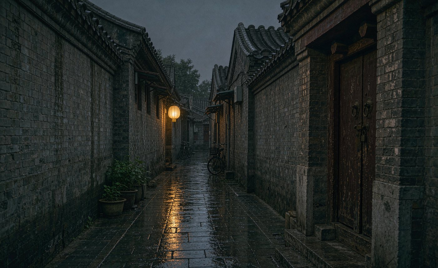 Ruelle de hutong à Pékin après la pluie